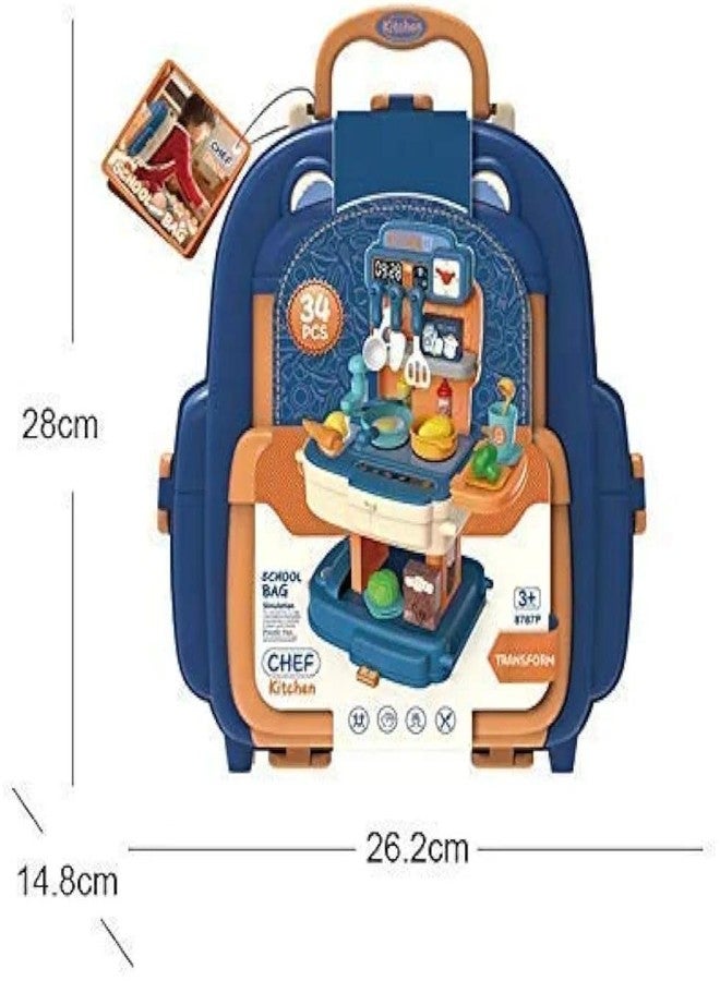 PN AVAN Kitchen Set for Kids 34 Pcs Simulation Portable Kitchen Set for Girls with Realistic Kitchen Suitcase for Kids for 3 Year Old Girls (School Bag Kitchen Set) (Blue) - Image 4